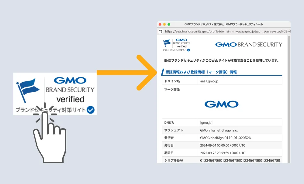 認証マーク証明書（VMC）との連携：シールをクリックすることにより認証マーク証明書（VMC）の内容を確認することができます。