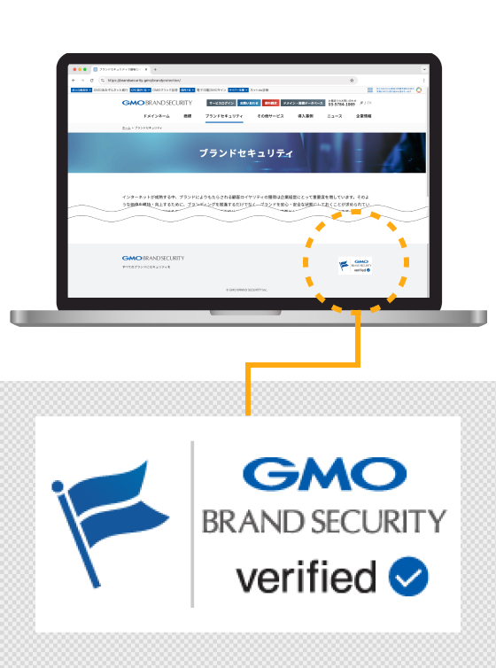 GMO Brand Security Seal certifies that a website is operated under proper authority by verifying (1) the existence of the site operator, (2) domain authentication, and (3) trademark verification. It proves the legitimacy of using brand marks, something that SSL/TLS cannot authenticate. GMO Brand Security Seal uses Verified Mark Certificate (VMC) technology, which is also adopted in BIMI (Brand Indicators for Message Identification